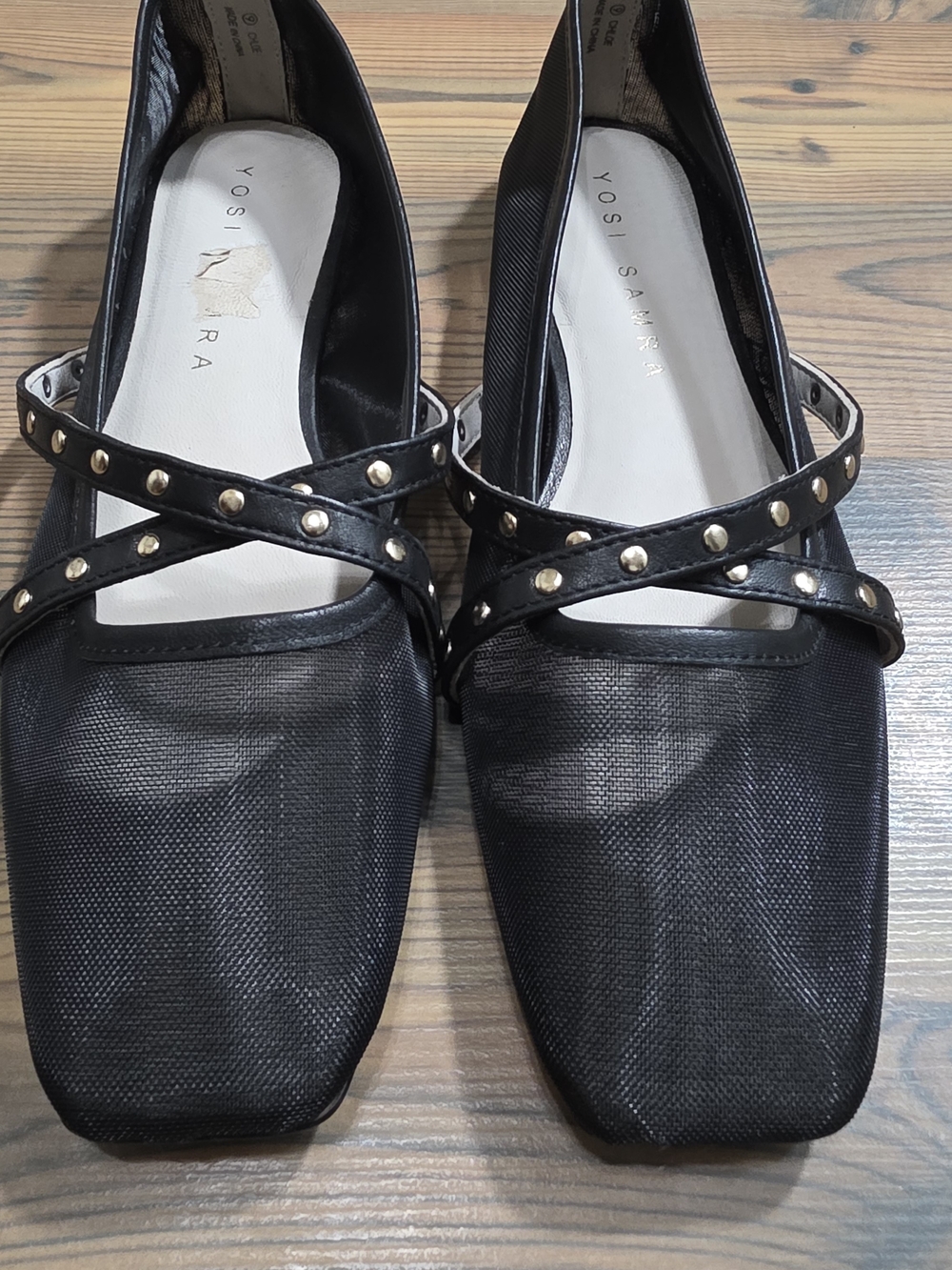 Yosi Samra Black Studded Cross-Strap Leather Mesh Flats Grunge Dark Academia SZ9